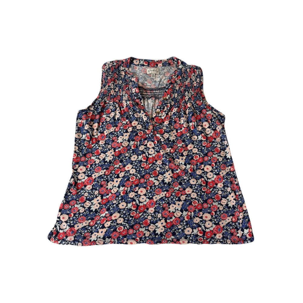 Wonderly Smocked Yoke Floral Blouse Layering Ruffled Navy Red Cotton Modal M
